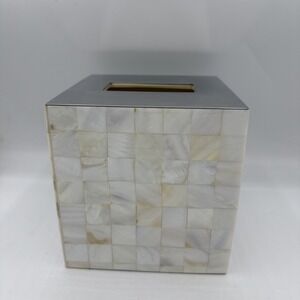 Fieldcrest Vtg Mosaic Mother of Pearl Shell Tissue Box Cover Stainless Steel